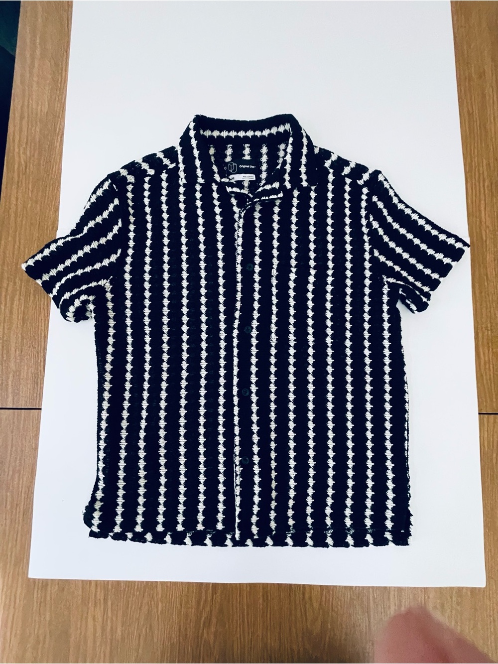Original Use Knit, Black and White Vertical Stripe button down shirt with pocket